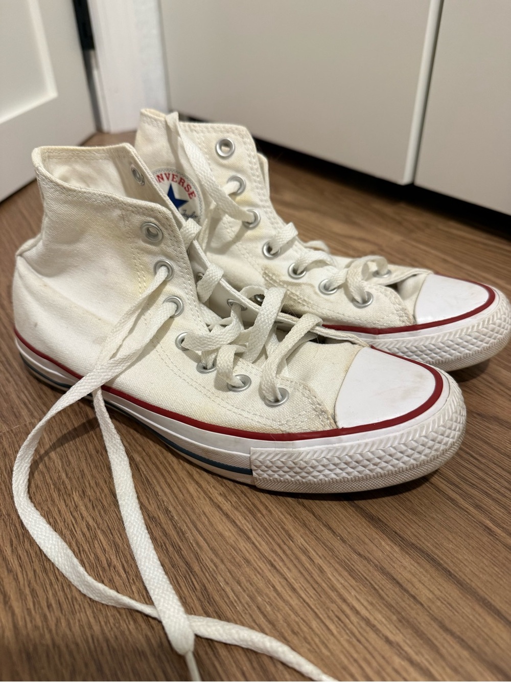 Converse White High Top Sneakers with Red Stripe